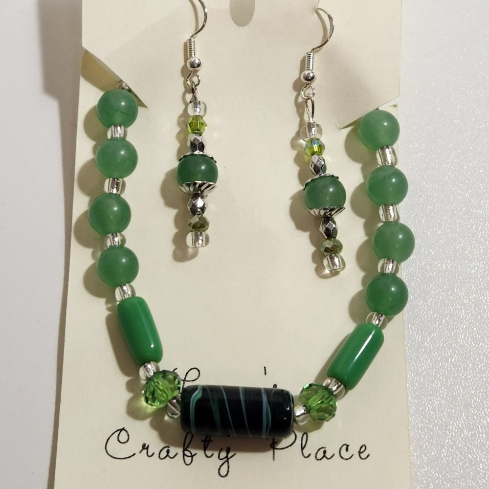 Green Jade Aventurine Silver Black Bracelet Earrings Set